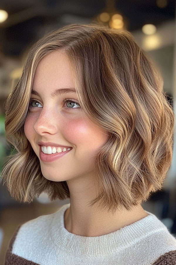 35 Medium Bob Haircuts That Are Always in Style : Wavy Bob with Soft Highlights