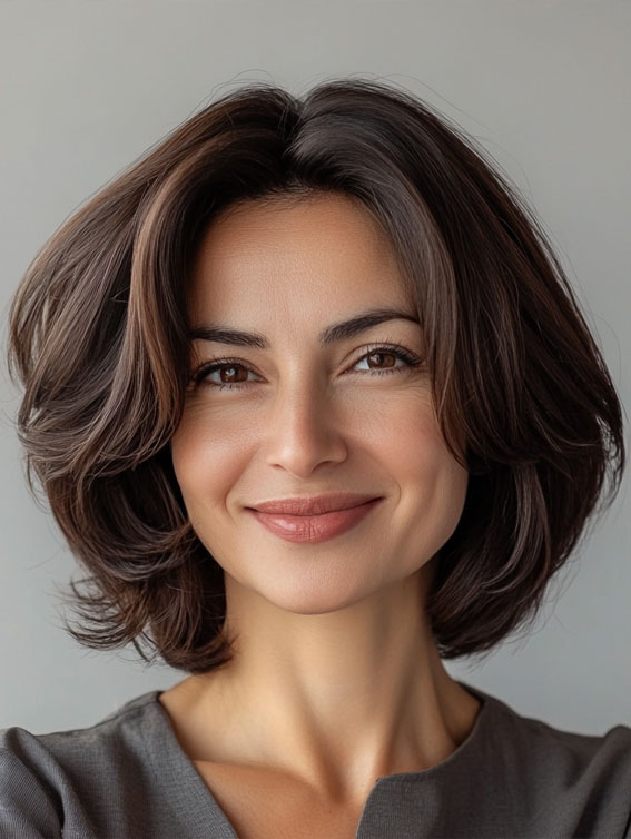 Voluminous Layered Bob with Curtain Bangs, Bob haircut with layers, medium bob haircut, Bob haircut with bangs, medium bob haircuts with bangs, Long bob haircut, Medium bob hairstyles, medium length bob hairstyles for fine hair