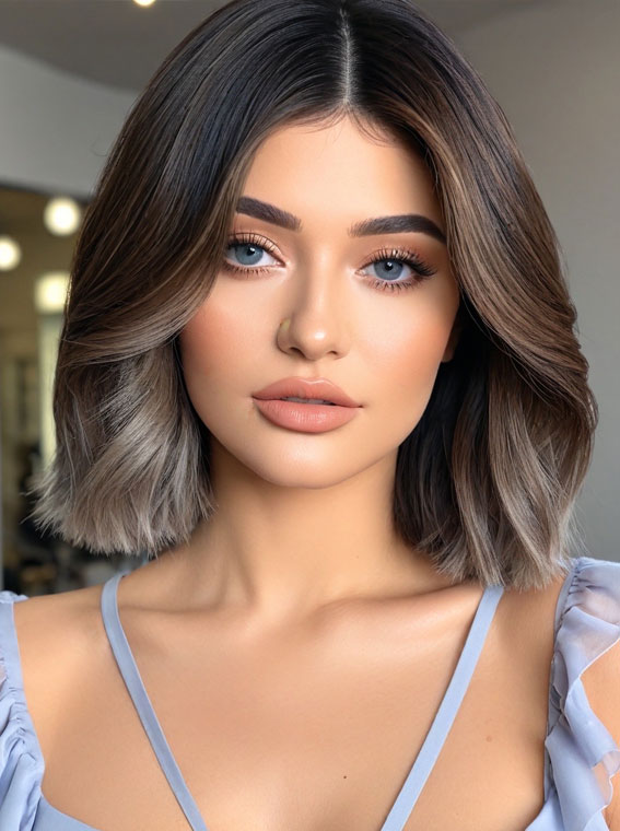 Sleek Ombre Bob with Middle Part, Bob haircut with layers, medium bob haircut, Bob haircut with bangs, medium bob haircuts with bangs, Long bob haircut, Medium bob hairstyles, medium length bob hairstyles for fine hair