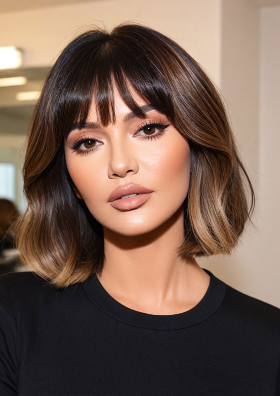 35 Medium Bob Haircuts That Are Always in Style : Espresso Balayage Bob with Bangs and Subtle Highlights