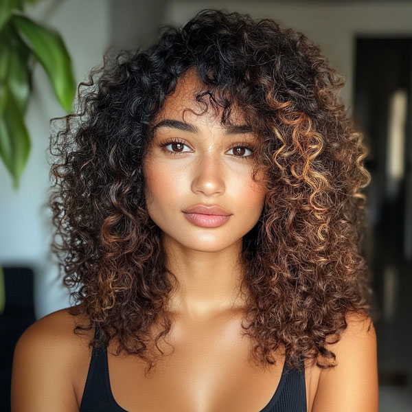 37 Shoulder-Length Curly Hairstyles with Layers : Sun-Kissed Curls with Face-Framing Layers