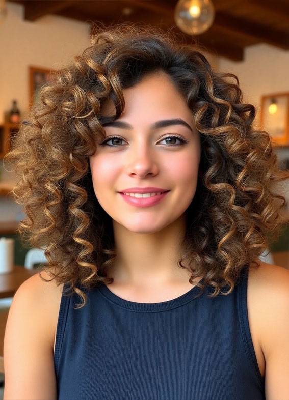 Layered Honey Blonde Curls , Shoulder length curly hair with layers, low maintenance Shoulder length curly hair with layers, medium length curly hair with layers, Shoulder length curly hair with layers and bangs, natural curly haircut, natural curly hair with layers 