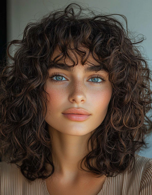 Textured Chocolate Curls with Feathered Bangs, Shoulder length curly hair with layers, low maintenance Shoulder length curly hair with layers, medium length curly hair with layers, Shoulder length curly hair with layers and bangs, natural curly haircut, natural curly hair with layers