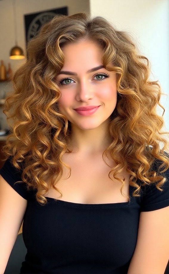 37 Shoulder-Length Curly Hairstyles with Layers : Soft Layered Golden Blonde Ringlets