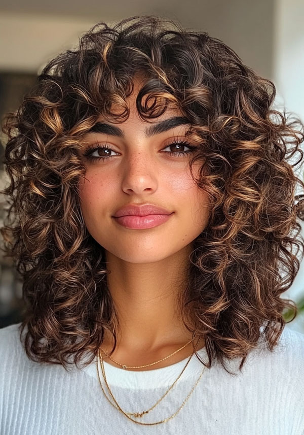 37 Shoulder-Length Curly Hairstyles with Layers : Brunette Curls with Golden Highlights