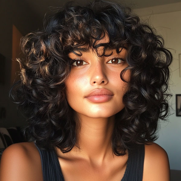 37 Shoulder-Length Curly Hairstyles with Layers : Glossy Raven Curls with Wispy Bangs