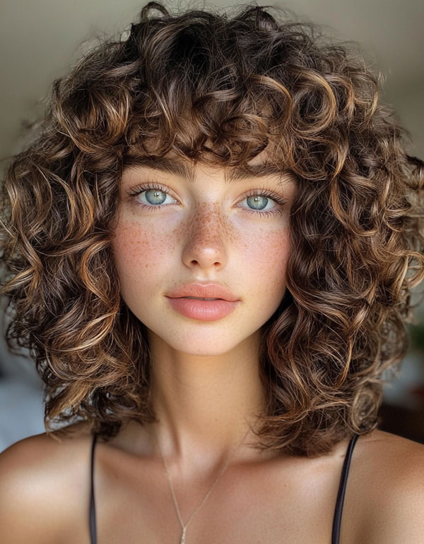 37 Shoulder-Length Curly Hairstyles with Layers : Soft Chestnut Curls with Shaggy Bangs