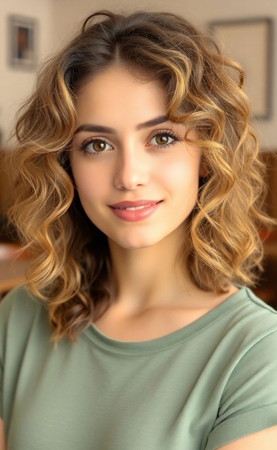 Soft Blonde Waves with Subtle Layers, Shoulder length curly hair with layers, low maintenance Shoulder length curly hair with layers, medium length curly hair with layers, Shoulder length curly hair with layers and bangs, natural curly haircut, natural curly hair with layers