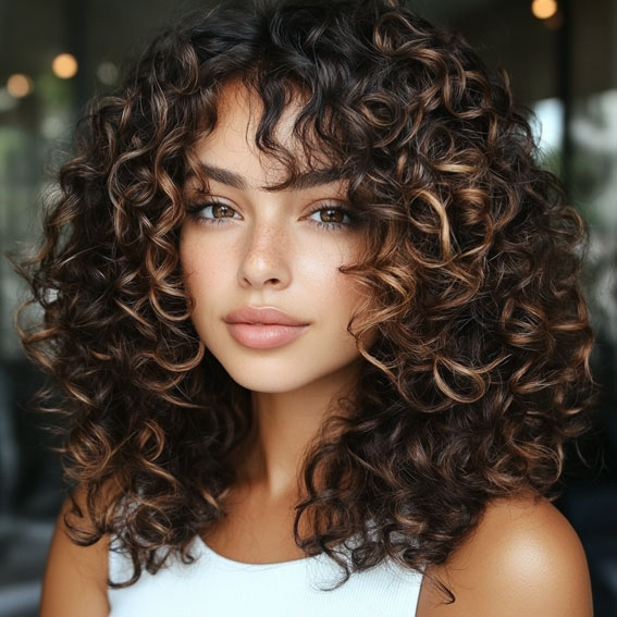 Glossy Espresso Curls with Subtle Highlights, Shoulder length curly hair with layers, low maintenance Shoulder length curly hair with layers, medium length curly hair with layers, Shoulder length curly hair with layers and bangs, natural curly haircut, natural curly hair with layers