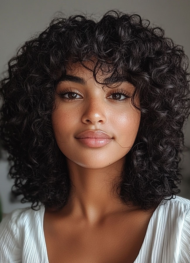 37 Shoulder-Length Curly Hairstyles with Layers : Classic Black Curls with Subtle Bangs