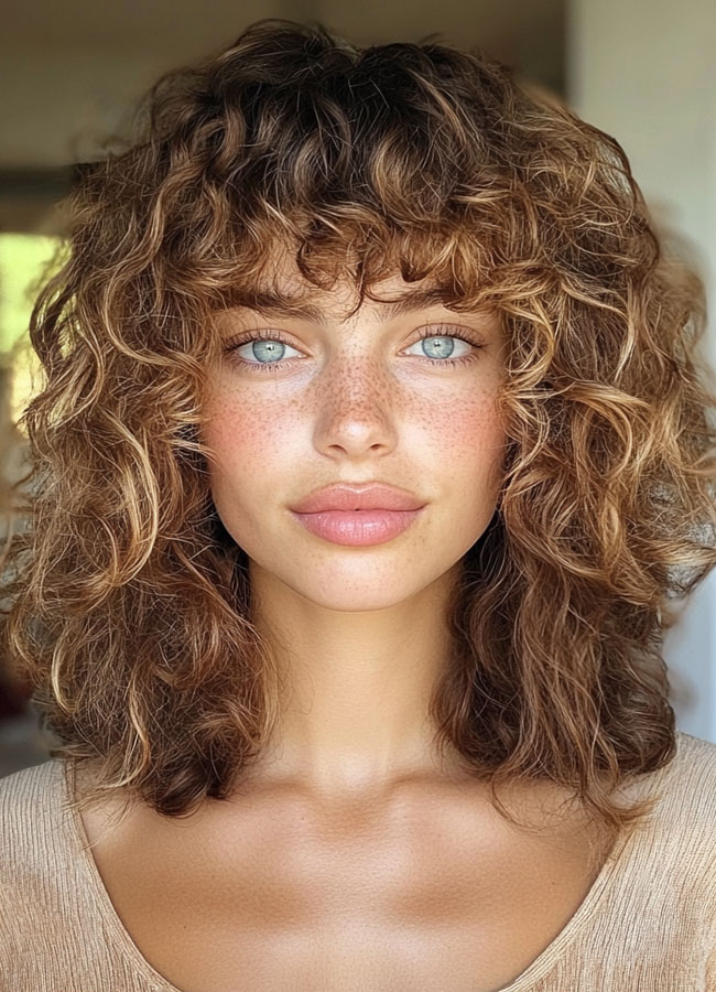 37 Shoulder-Length Curly Hairstyles with Layers : Effortless Honey Blonde Curls with Shaggy Bangs