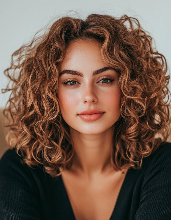 37 Shoulder-Length Curly Hairstyles with Layers : Auburn Curls with Layered Sophistication