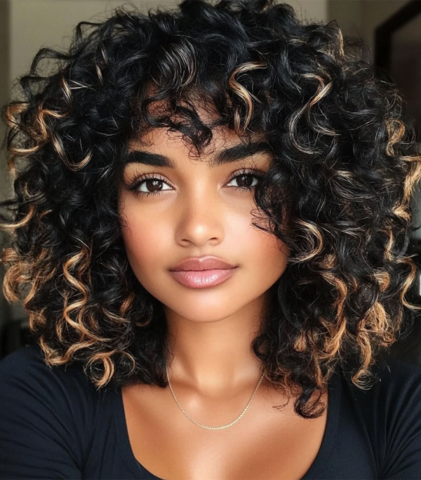 37 Shoulder-Length Curly Hairstyles with Layers : Bold Black Curls with Golden Streaks