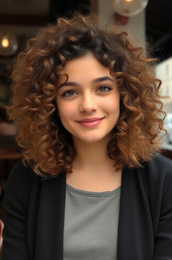 37 Shoulder-Length Curly Hairstyles with Layers : Warm Auburn Curls with a Soft Layered Finish