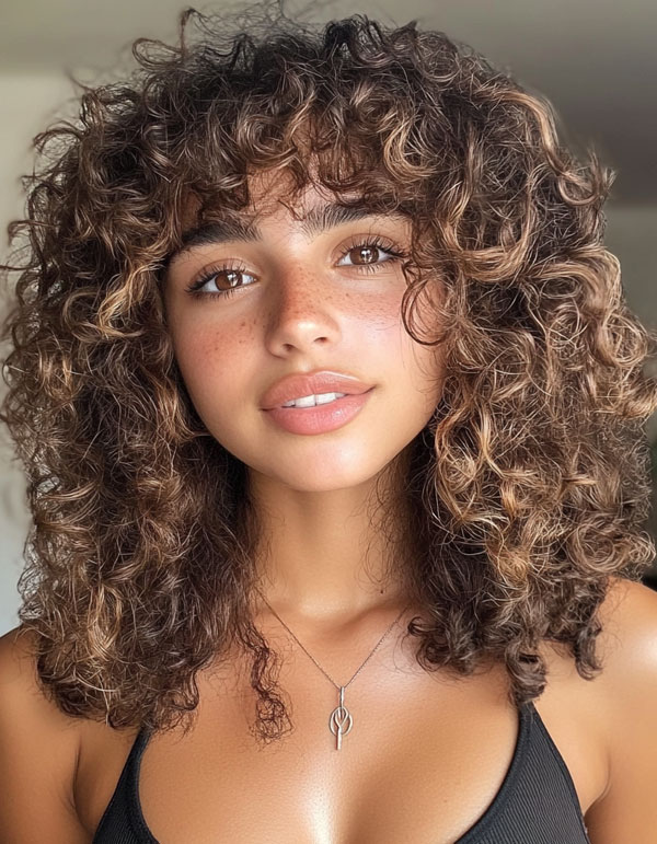 37 Shoulder-Length Curly Hairstyles with Layers : Textured Brown Curls with Shaggy Bangs