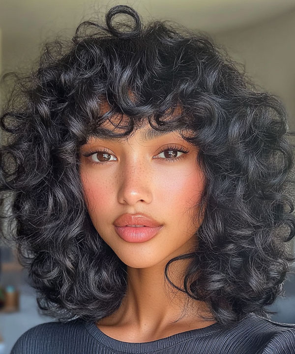 37 Shoulder-Length Curly Hairstyles with Layers : Soft Layered Glossy Black Curls with Bangs