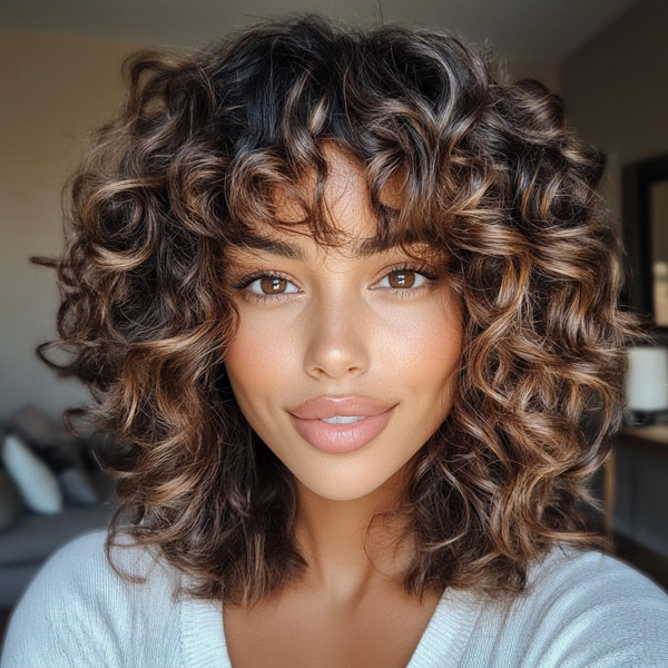 37 Shoulder-Length Curly Hairstyles with Layers : Sunlit Brown Curls with Soft Layers and Highlights