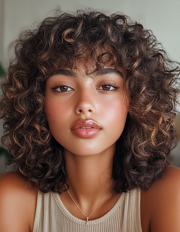 37 Shoulder-Length Curly Hairstyles with Layers : Playful Brunette Curls with Subtle Highlights