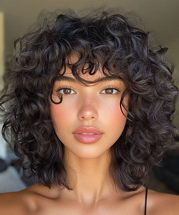 Jet Black Curls with Tousled Bangs, Shoulder length curly hair with layers, low maintenance Shoulder length curly hair with layers, medium length curly hair with layers, Shoulder length curly hair with layers and bangs, natural curly haircut, natural curly hair with layers