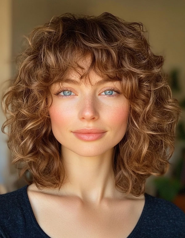 Soft Auburn Curls with Feathered Bangs, Shoulder length curly hair with layers, low maintenance Shoulder length curly hair with layers, medium length curly hair with layers, Shoulder length curly hair with layers and bangs, natural curly haircut, natural curly hair with layers