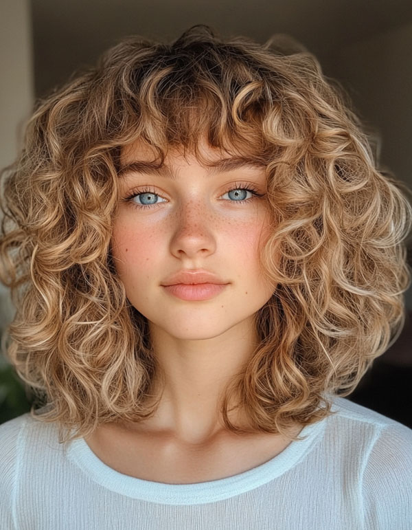 Soft Blonde Curls with Wispy Bangs, Shoulder length curly hair with layers, low maintenance Shoulder length curly hair with layers, medium length curly hair with layers, Shoulder length curly hair with layers and bangs, natural curly haircut, natural curly hair with layers