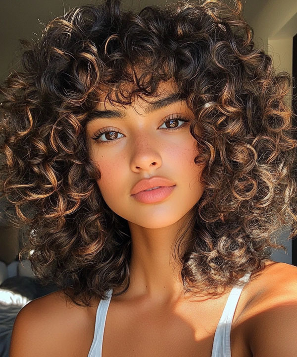 37 Shoulder-Length Curly Hairstyles with Layers : Espresso Layered Curls with Golden Highlights