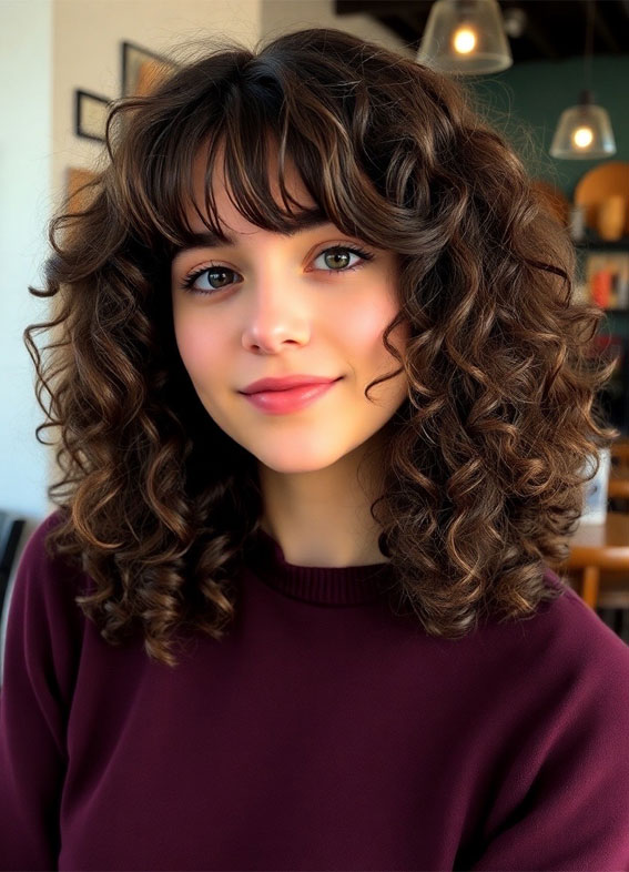 Chocolate Brown Curls with Wispy Bangs, Shoulder length curly hair with layers, low maintenance Shoulder length curly hair with layers, medium length curly hair with layers, Shoulder length curly hair with layers and bangs, natural curly haircut, natural curly hair with layers