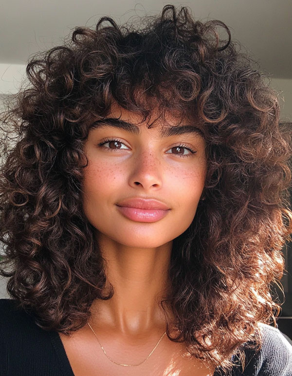 37 Shoulder-Length Curly Hairstyles with Layers : Tousled Curls with Shaggy Bangs