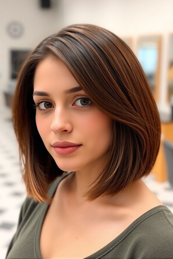 35 Medium Bob Haircuts That Are Always in Style : Sleek Chestnut Brown Bob