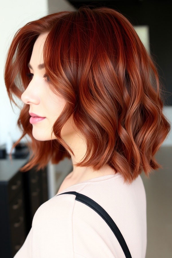 35 Medium Bob Haircuts That Are Always in Style : Vibrant Copper Wavy Bob