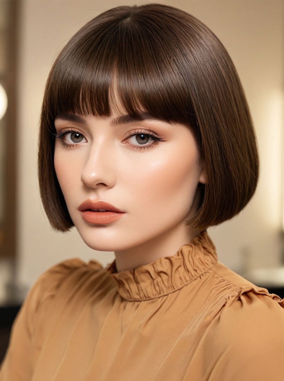 Sleek Rich Chocolate Brown Bob, Bob hairstyles with fringe, Bob haircut with layers, medium bob with bangs, long bob with bangs, short bob with bangs, bob with curtain bangs