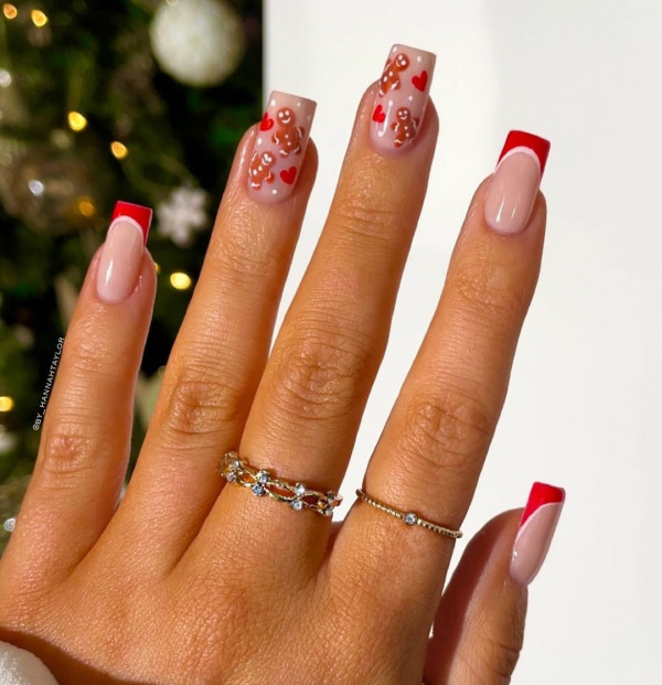 45 Cute Christmas Nail Ideas for A Fun Holiday Look : Gingerbread Hearts and Red French Tips