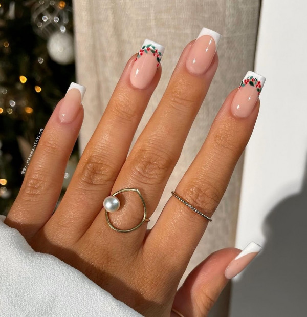 45 Cute Christmas Nail Ideas for A Fun Holiday Look : Holly French Tips