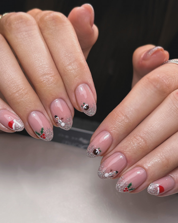 42 Festive Christmas Nail Art Ideas to Sleigh This Year : Silver Glitter Tips Nude Nails