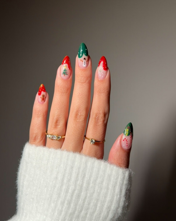 Green & Red Tip Merry Miniatures, Christmas nails, festive Christmas nail art, cute Christmas nails, Christmas Nail Ideas, festive Christmas nails, Xmas nail art, festive nail designs, Christmas nail art designs