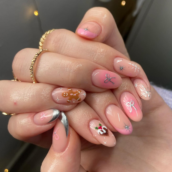 Whimsical Elegant Nude Nails, Christmas nails, festive Christmas nail art, cute Christmas nails, Christmas Nail Ideas, festive Christmas nails, Xmas nail art, festive nail designs, Christmas nail art designs