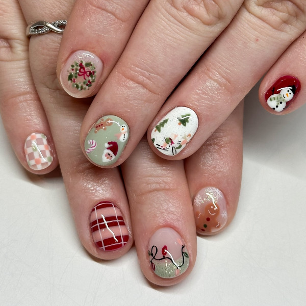 Whimsical Christmas Collage Short Nails, Christmas nails, festive Christmas nail art, cute Christmas nails, Christmas Nail Ideas, festive Christmas nails, Xmas nail art, festive nail designs, Christmas nail art designs