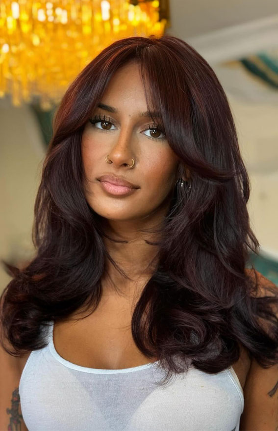 30 Hottest Hair Colours to Try This Winter : Velvety Plum Layers with Curtain Bangs