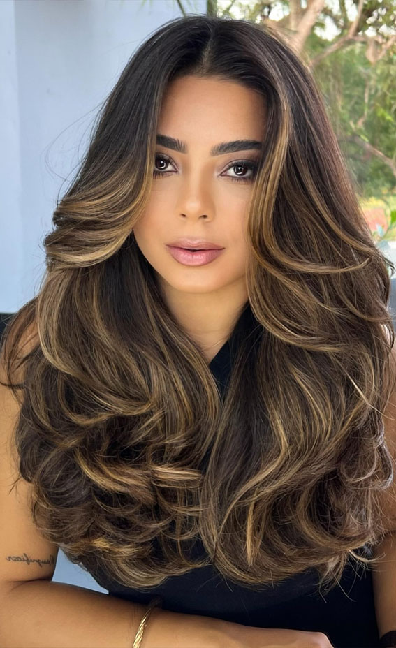 45 Winter Hair Colour Inspiration You Can’t Miss : Deep Brown with Golden Blonde Highlights