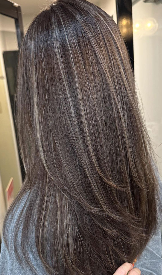 45 Winter Hair Colour Inspiration You Can’t Miss : Ashy Mocha Sleek Long Haircut