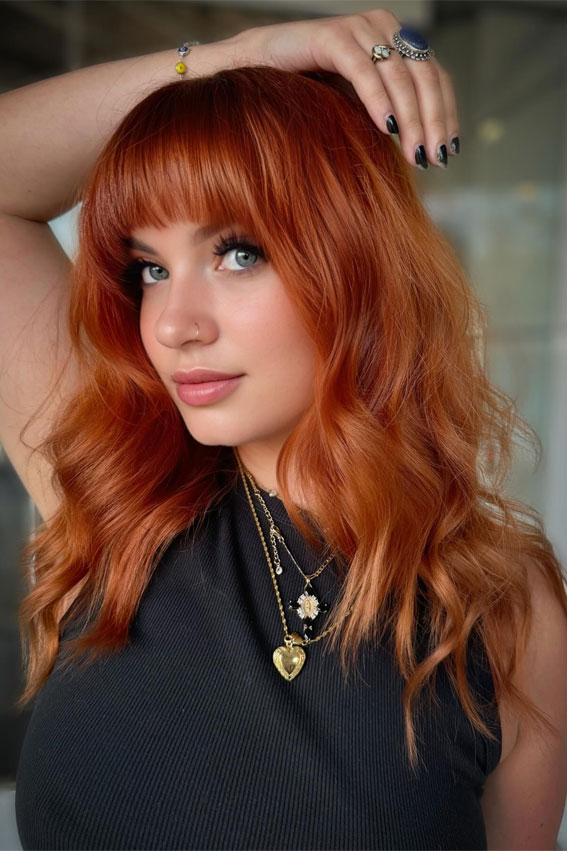 30 Hottest Hair Colours to Try This Winter : Fiery Copper Loose Waves with Bangs