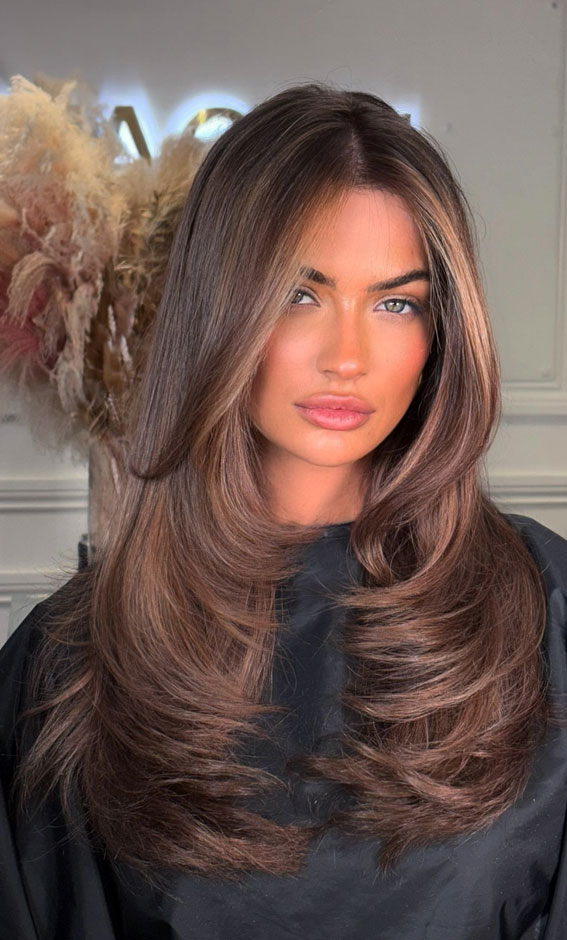 45 Winter Hair Colour Inspiration You Can’t Miss : Caramelised Chestnut Bouncy Layered Haircut