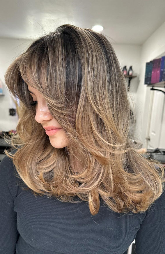 Soft Ashy Layers, shoulder length layered haircut with curtain bangs, winter hair colour