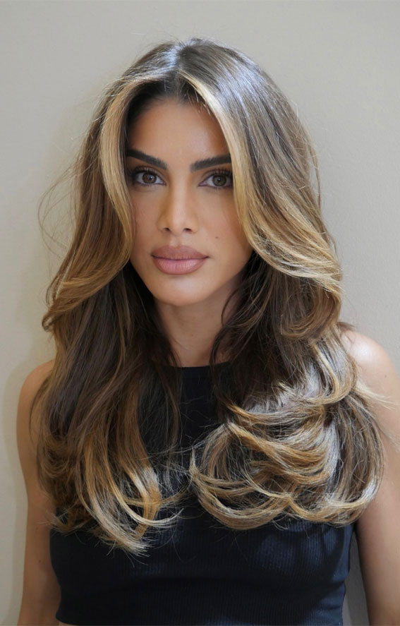 45 Winter Hair Colour Inspiration You Can’t Miss : Layered Haircut with Golden Moneypiece