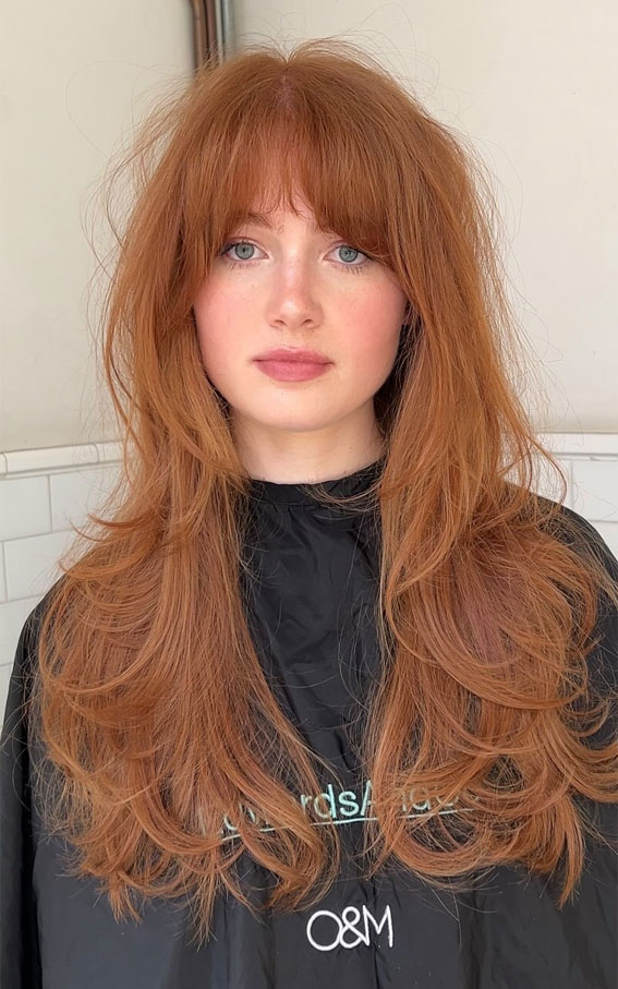 45 Winter Hair Colour Inspiration You Can’t Miss : Retro Golden Copper with Bangs