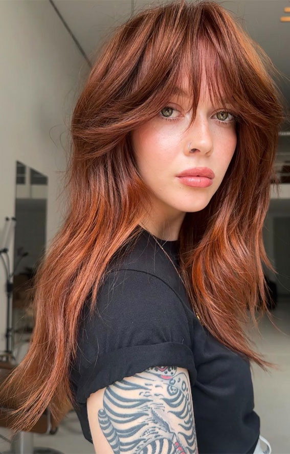 45 Winter Hair Colour Inspiration You Can’t Miss : Burnt Copper Soft Shag Long Layers with Soft Bangs