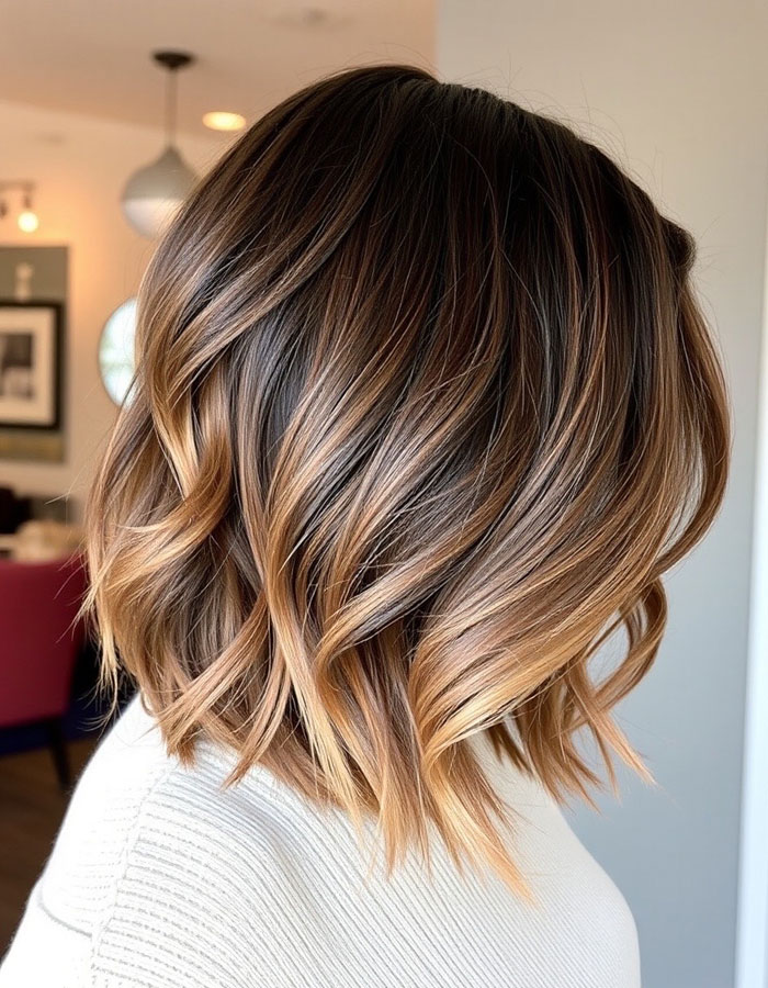 35 Medium Bob Haircuts That Are Always in Style : Golden Balayage Bob with Soft Waves