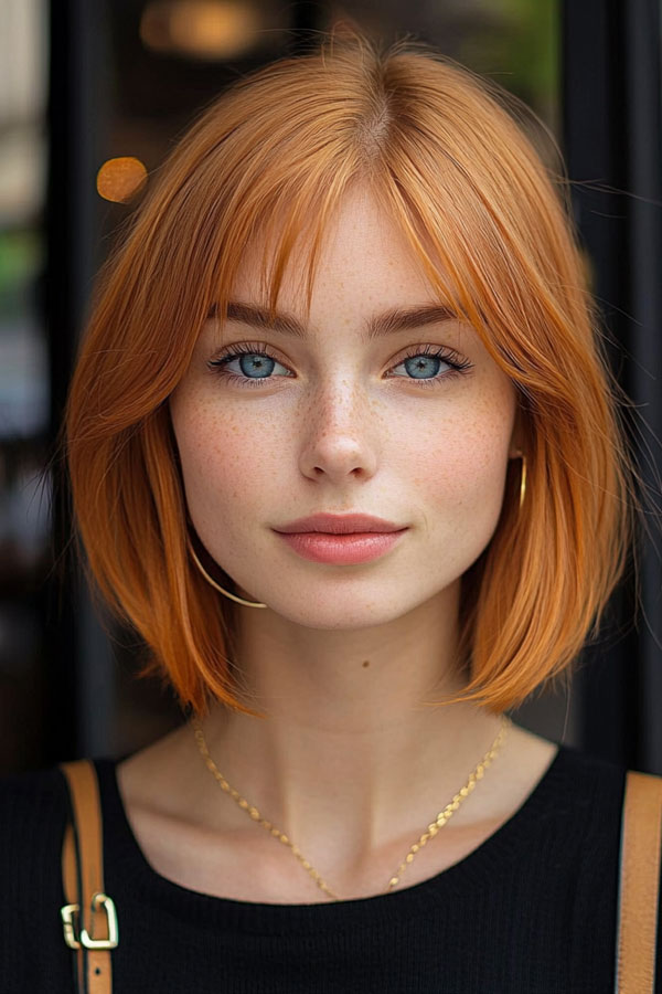 27 Bob Hairstyles with Fringe to Suit Every Look : Chin Length Copper Bob with Curtain Bangs