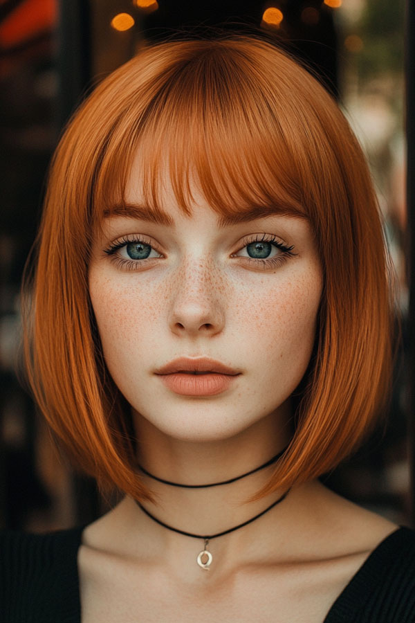 27 Bob Hairstyles with Fringe to Suit Every Look : Copper Bob with Feathered Fringe