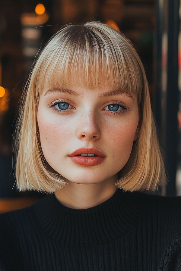 27 Bob Hairstyles with Fringe to Suit Every Look : Blonde Chin Length Bob with Blunt Fringe